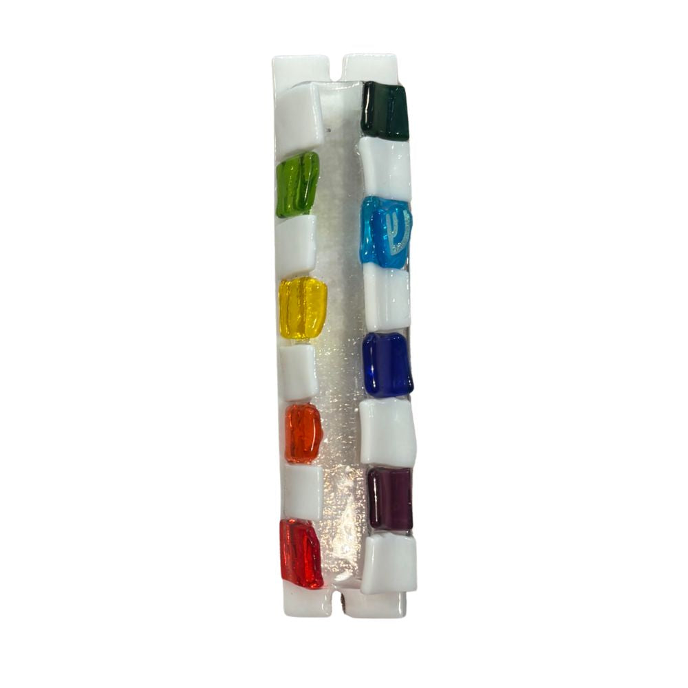 Mezuzah, Rainbow Block Design on White, Fused Glass