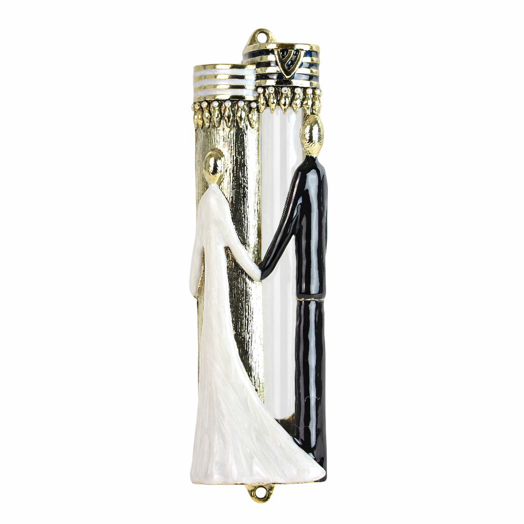 Wedding Mezuzah, Wedding Design with Black and White Enamel, Gold-Plated Pewter Base