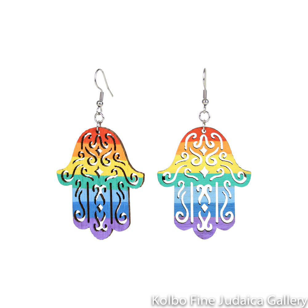 Earrings, Hamsa Design, Hand Painted Wood
