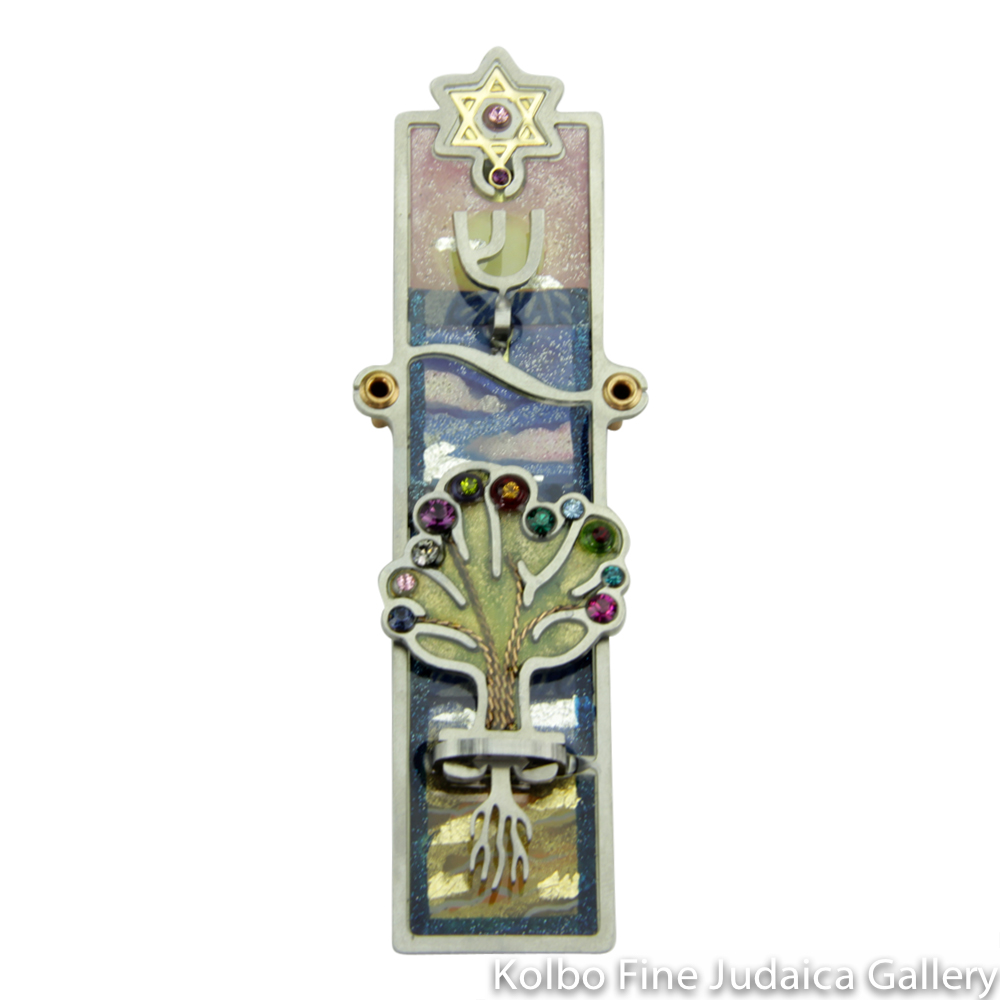 Mezuzah, Tree of Life Design, Resin on Stainless Steel with Crystals