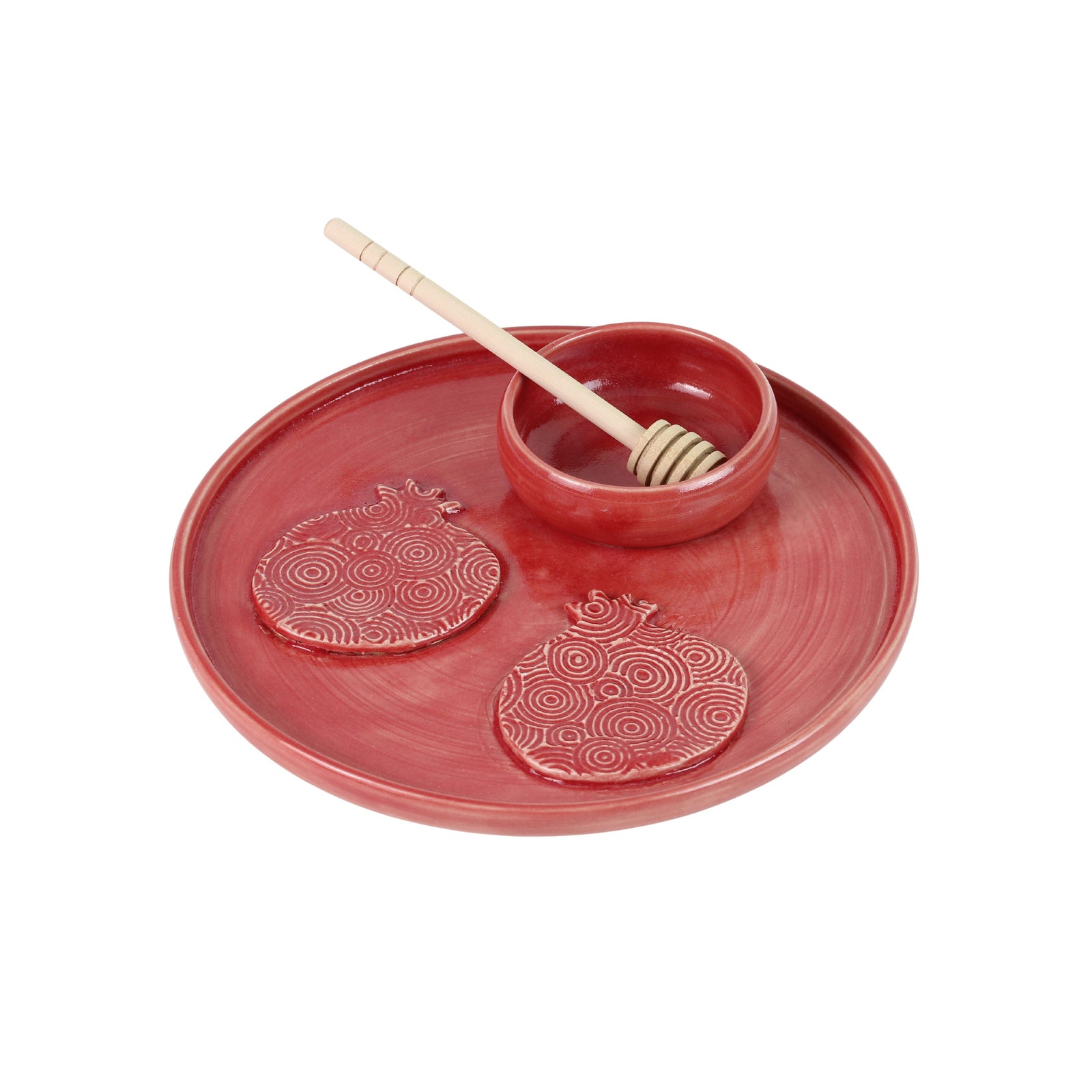 Honey and Apple Set, Red Glaze with Pomegranates, High Fired-Ceramic