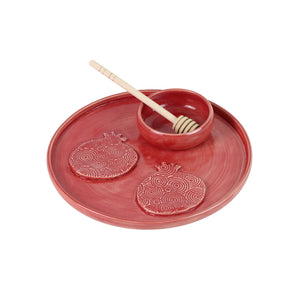 Honey and Apple Set, Red Glaze with Pomegranates, High Fired-Ceramic