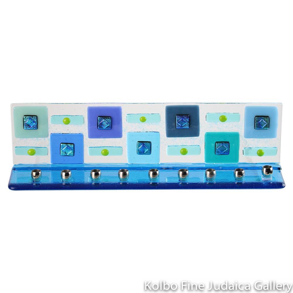 Menorah, Geometric Design, Aqua, Hand Made Fused Glass