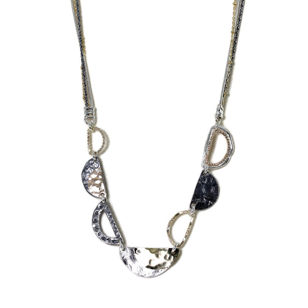 Necklace, Elliptical Shapes of Sterling Silver, Gold Filled and Oxidized Silver Design