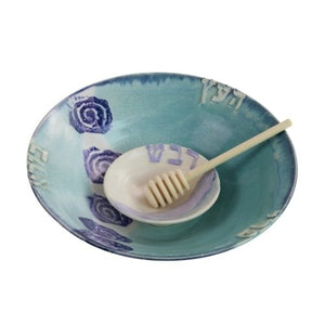 Honey and Apple Set, White, Aqua with Blue swirls, One of a Kind, High Fire Ceramic