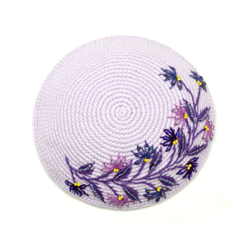 Kippah, Lavender, Embroidered Floral Motif with Beading, Fair Trade