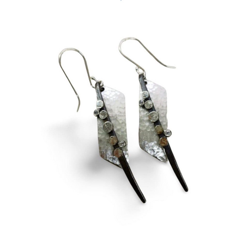 Earrings, Hammered and Oxidized Sterling Silver with CZ Detail