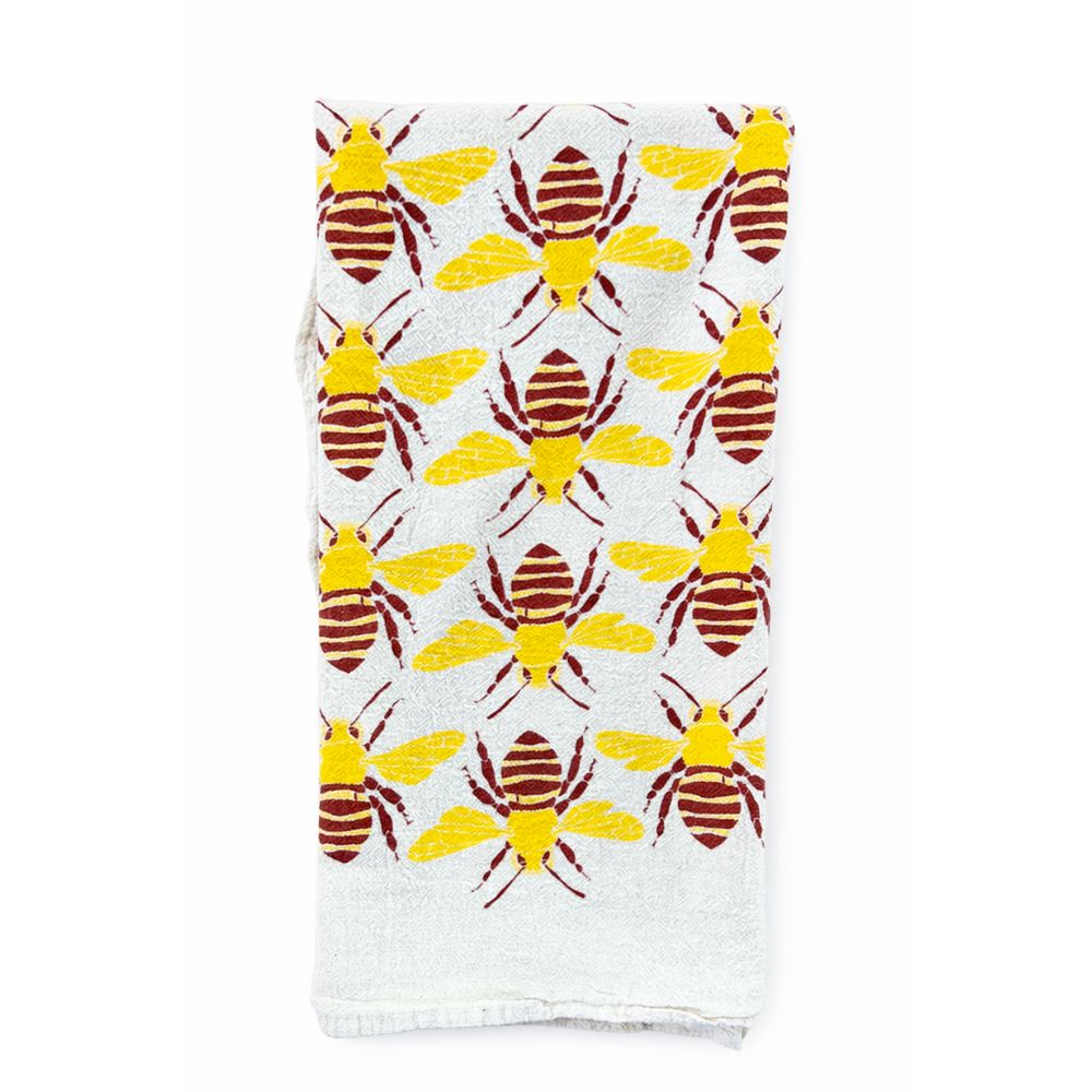 Tea Towel, Bees, Silkscreened on Unbleached Cotton