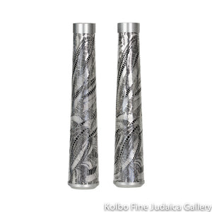 Candlesticks, Intricately Cut Stainless Steel Design Over Black, Metal Base