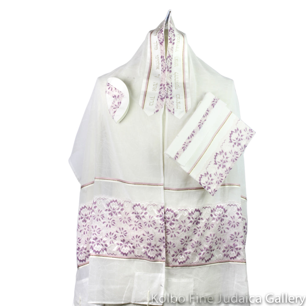 Tallit Set, Soft Lavender and White Lace Detail, Three Piece Set