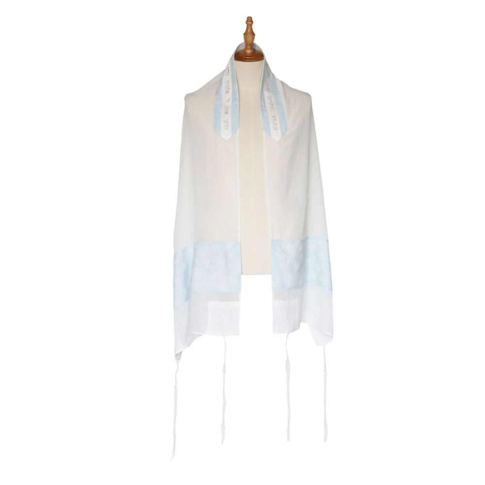 Tallit Set, Light Blue with Floral Design, Sheer Fabric