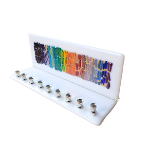 Menorah, Rainbow Fused Glass, White Opaque Glass Base, Hand Made