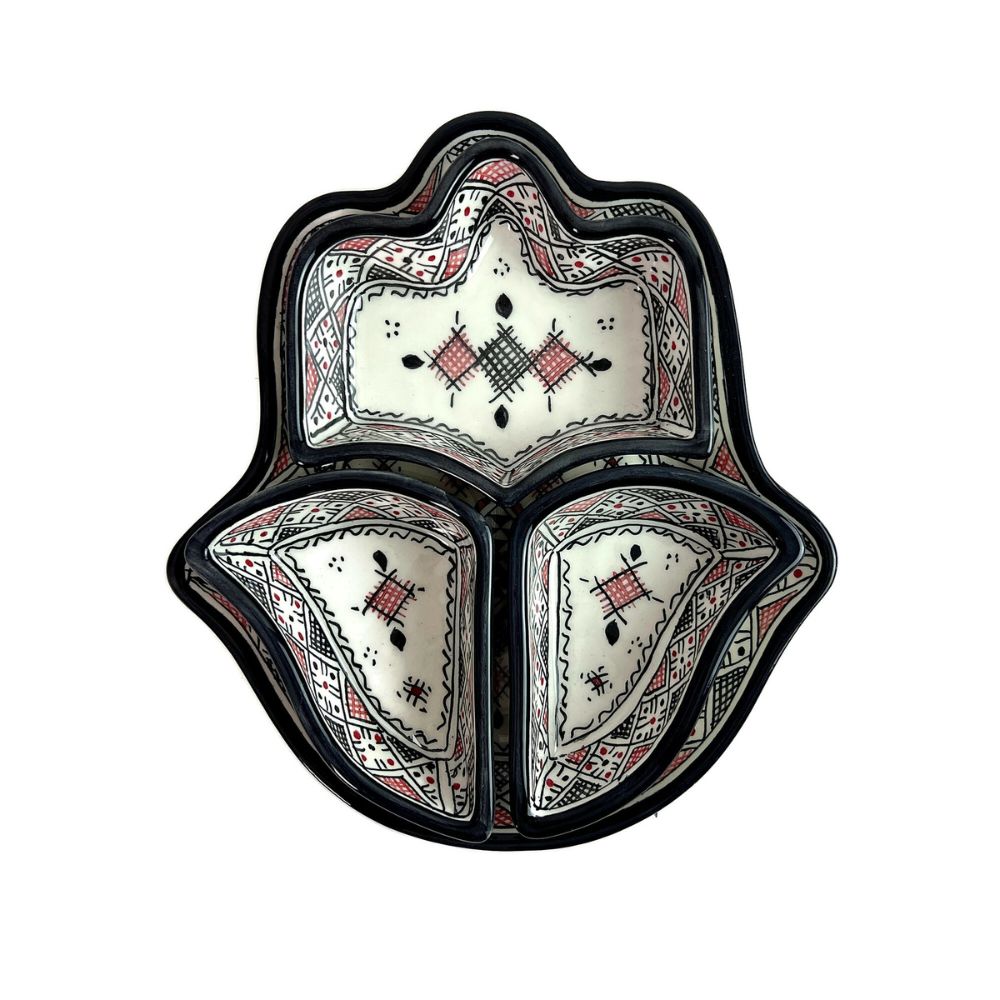 Hamsa with Four Serving Dishes, Hand-Painted in Morocco, Red and Black Ceramic