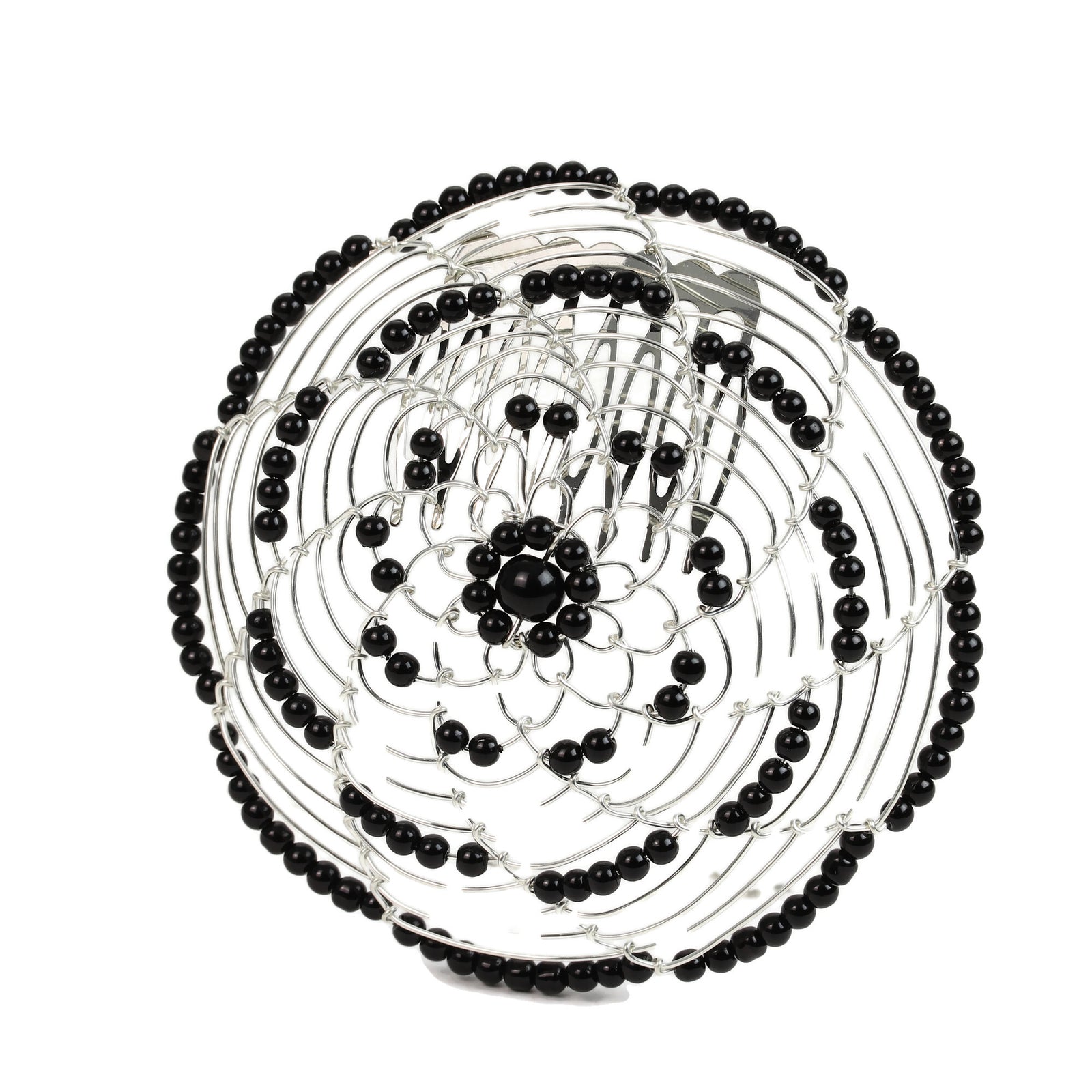 Kippah, Beaded Wire Kippah, Black Beads with Comb