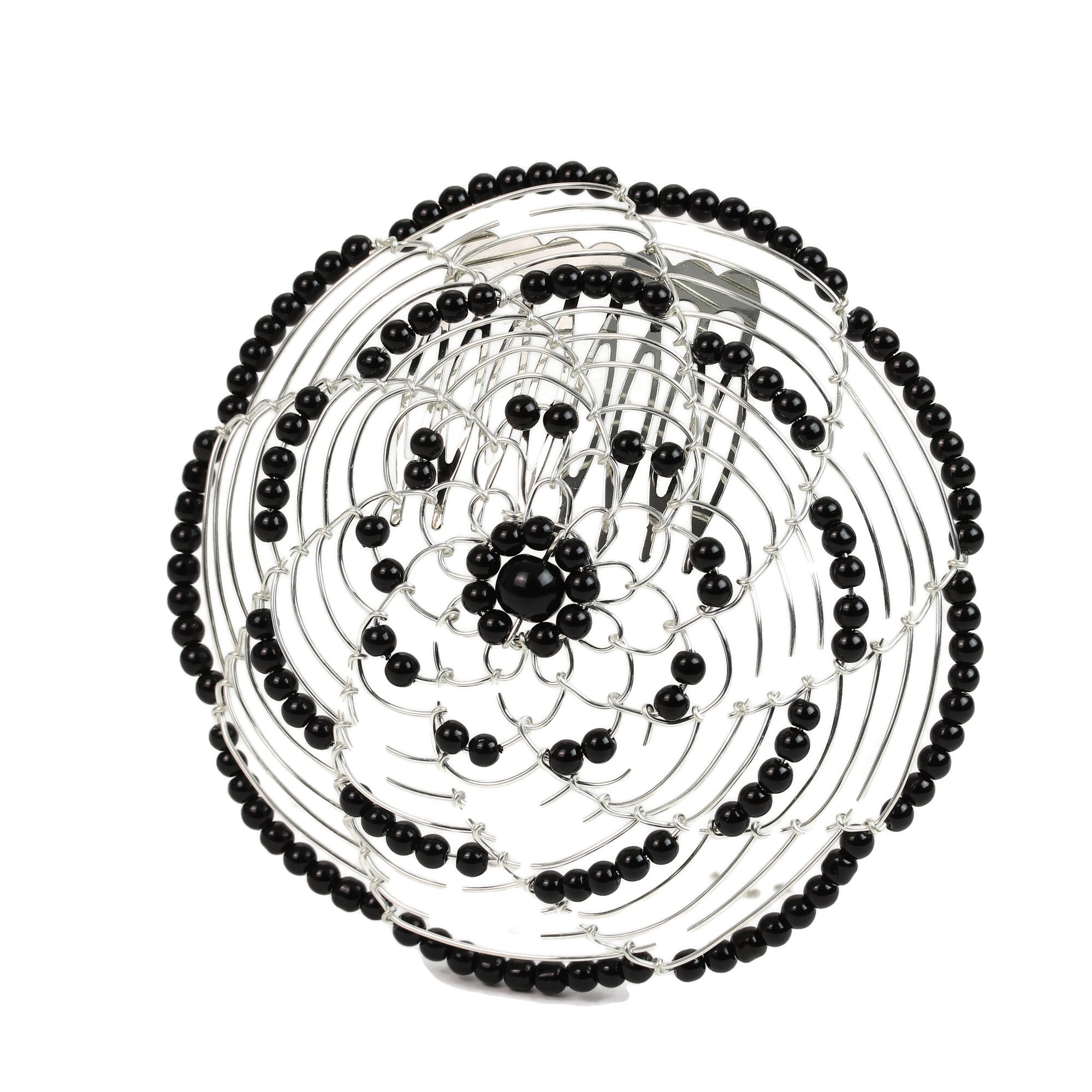 Kippah, Beaded Wire Kippah, Black Beads with Comb
