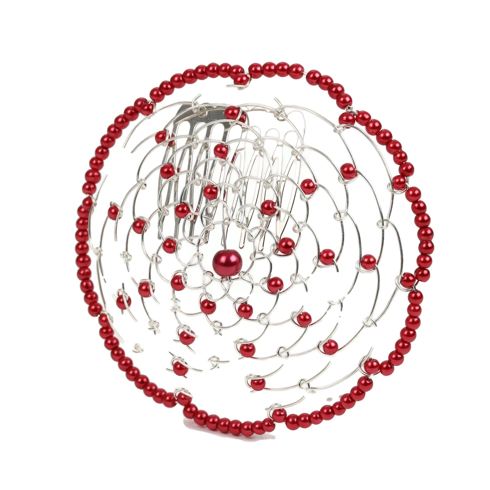 Kippah, Beaded Wire Kippah, Red Beads with Comb