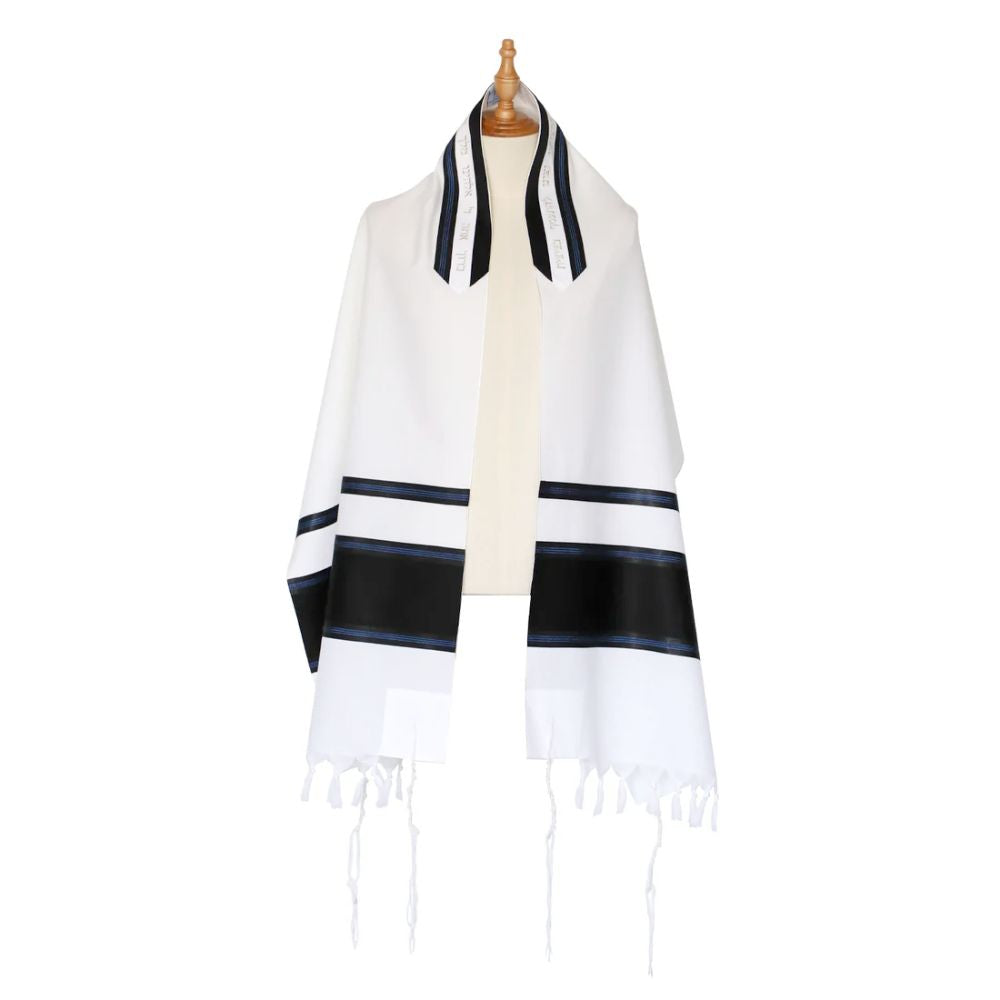 Tallit Set, Black with Blue Stitched Detail, Light Wool, Three Piece Set