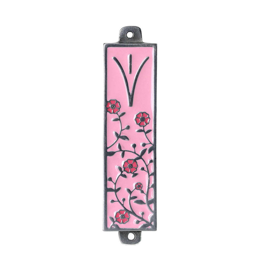 Mezuzah, Pink Background with Red Flowers, Pewter with Enamel