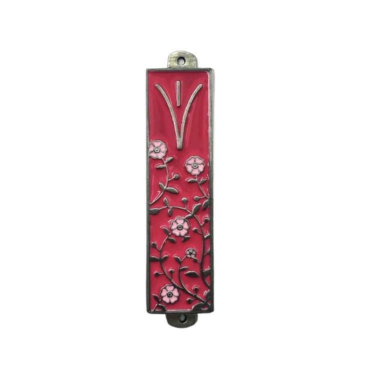 Mezuzah, Coral with Pink Flowers, Pewter with Enamel