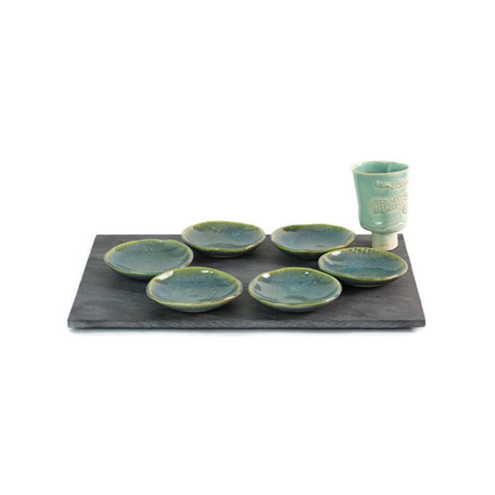 Seder Plate and Cup Set, Hand Formed Cup and Dishes on Natural Slate, One of a Kind
