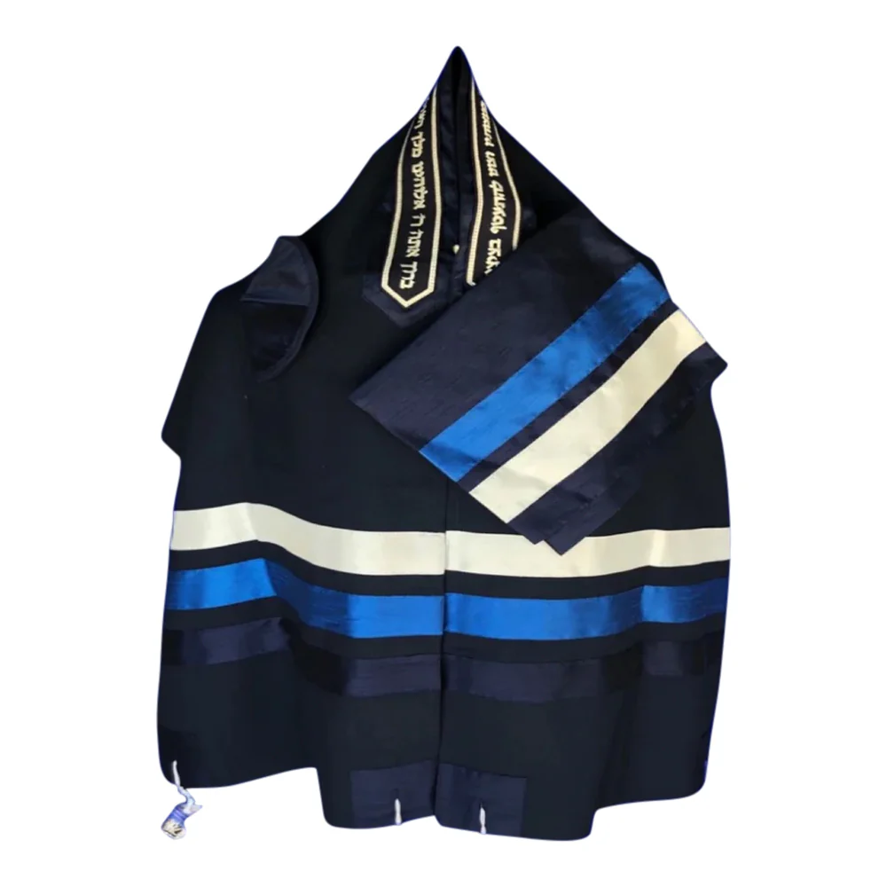 Tallit Set, Navy Blue, Royal Blue and Silver Ribbons on Dark Blue Background