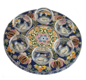Seder Plate, Hand Painted Wood with Glass Bowls, Navy Blue with Multicolor Florals, Gold Detail