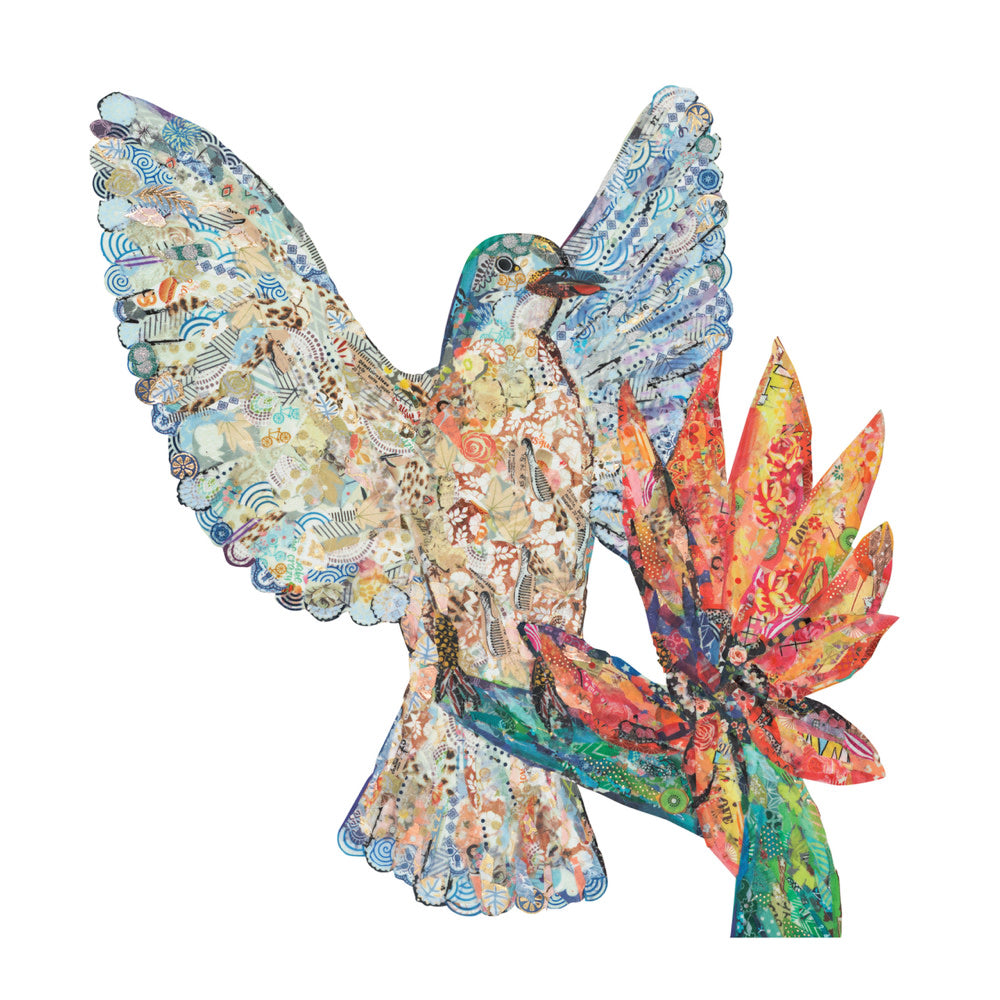 Hummingbird, Print of Japanese Paper Collage on Adhesive Backing