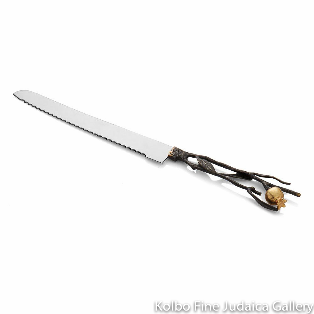 Challah Knife, Pomegranate Design, Stainless Steel, Oxidized Brass, Goldplate 24K