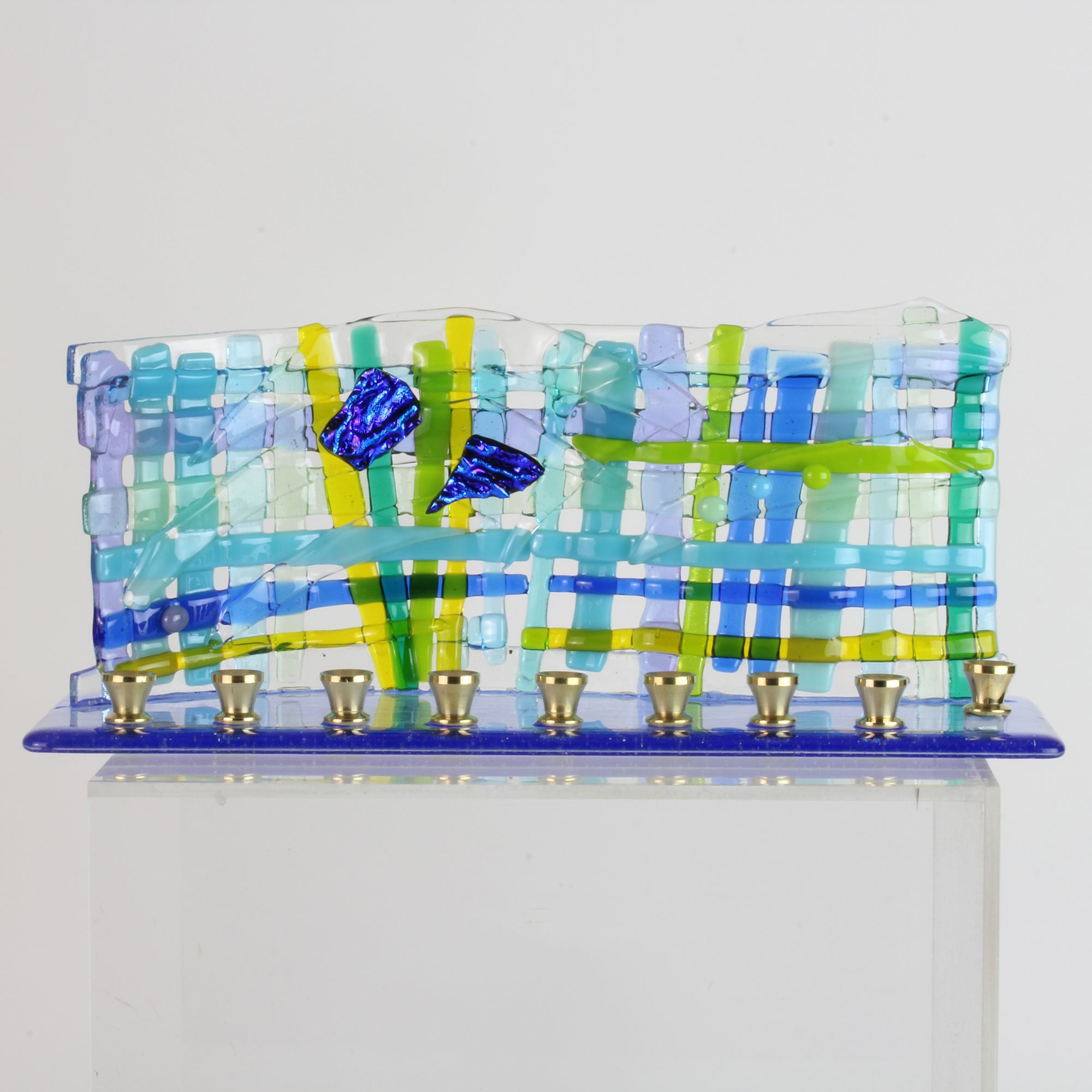 Menorah, Woven Design, Fused and Dichroic Glass, One of a Kind Piece