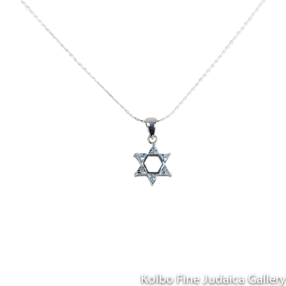 Necklace, Small Star with Aqua Glass Points, 0.5", Sterling Silver