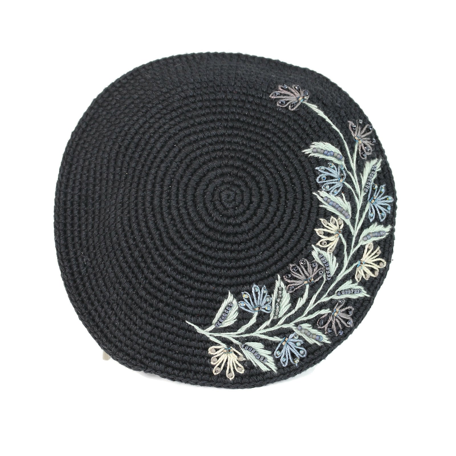 Kippah, Charcoal, Embroidered Roses with Beading, Fair Trade