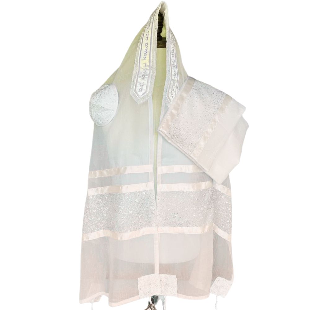 Tallit Set, Shimmering Silver Band and White Stripes, Fine White Cotton