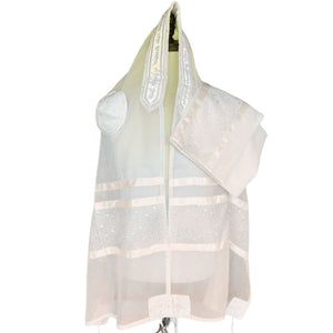 Tallit Set, Shimmering Silver Band and White Stripes, Fine White Cotton