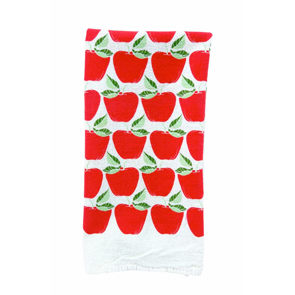 Tea Towel, Red Apples, Silkscreened on Unbleached Cotton