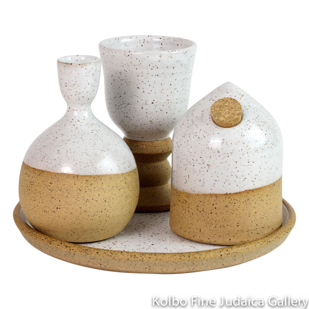 Havdalah Set, White Glaze with Nude Detail, Hand Crafted Ceramic