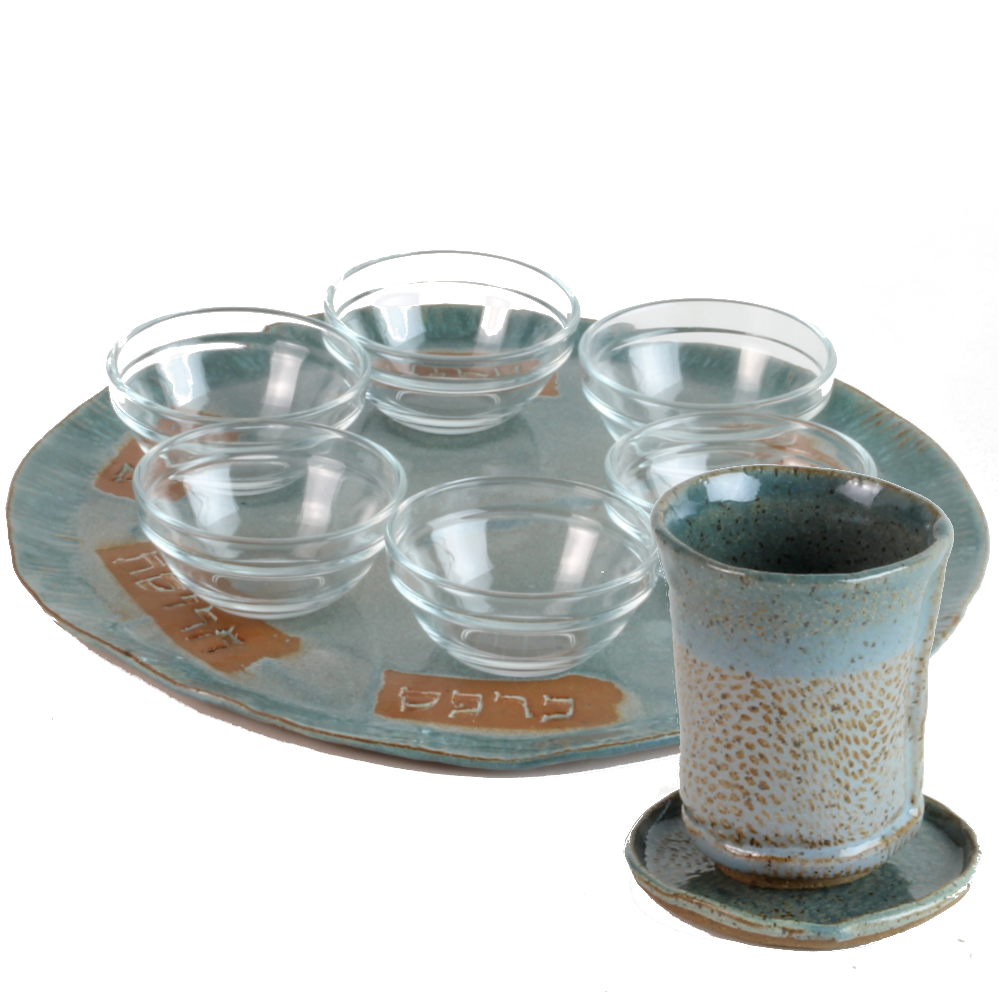 Seder Plate and Cup Set, Blue Glazed Ceramic, Round, One of a Kind