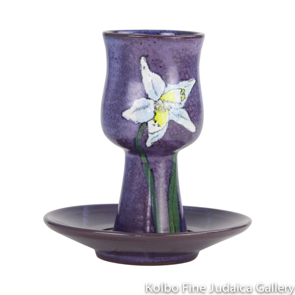 Kiddush Cup and Saucer, floral design with soft purple glaze, hand painted ceramic