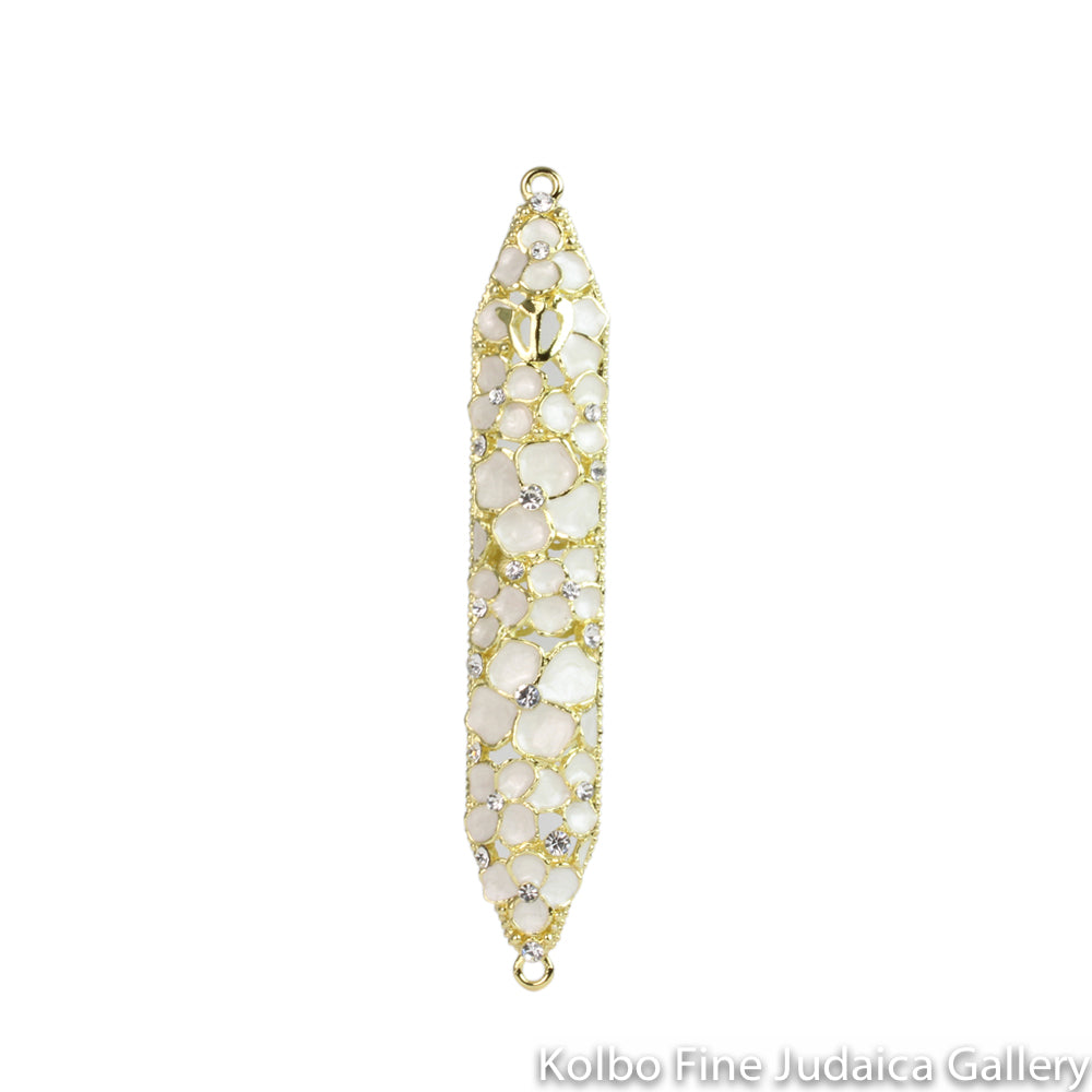 Mezuzah, White Floral Design, Hand Painted Enamel with European Crystals