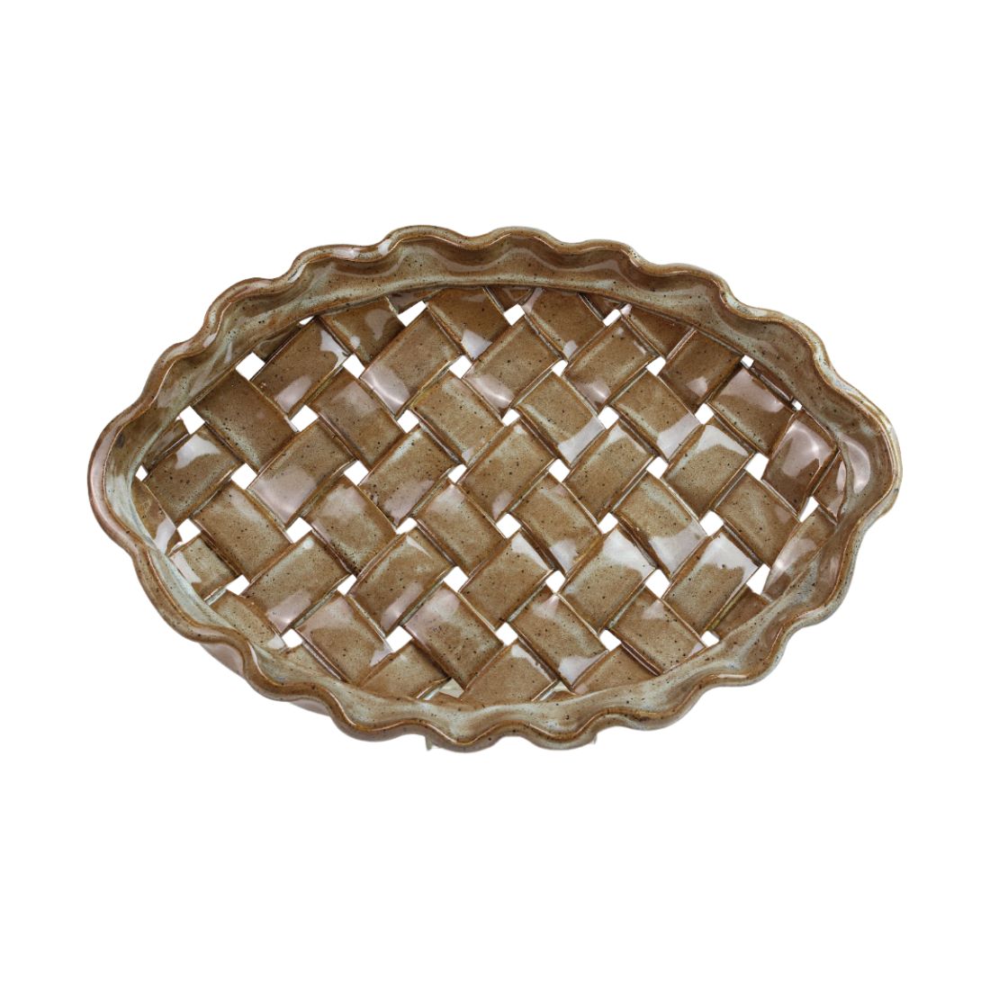 Serving Piece, Oval, Hand Cut and Woven Design, High Fired Ceramic, One of a Kind Piece