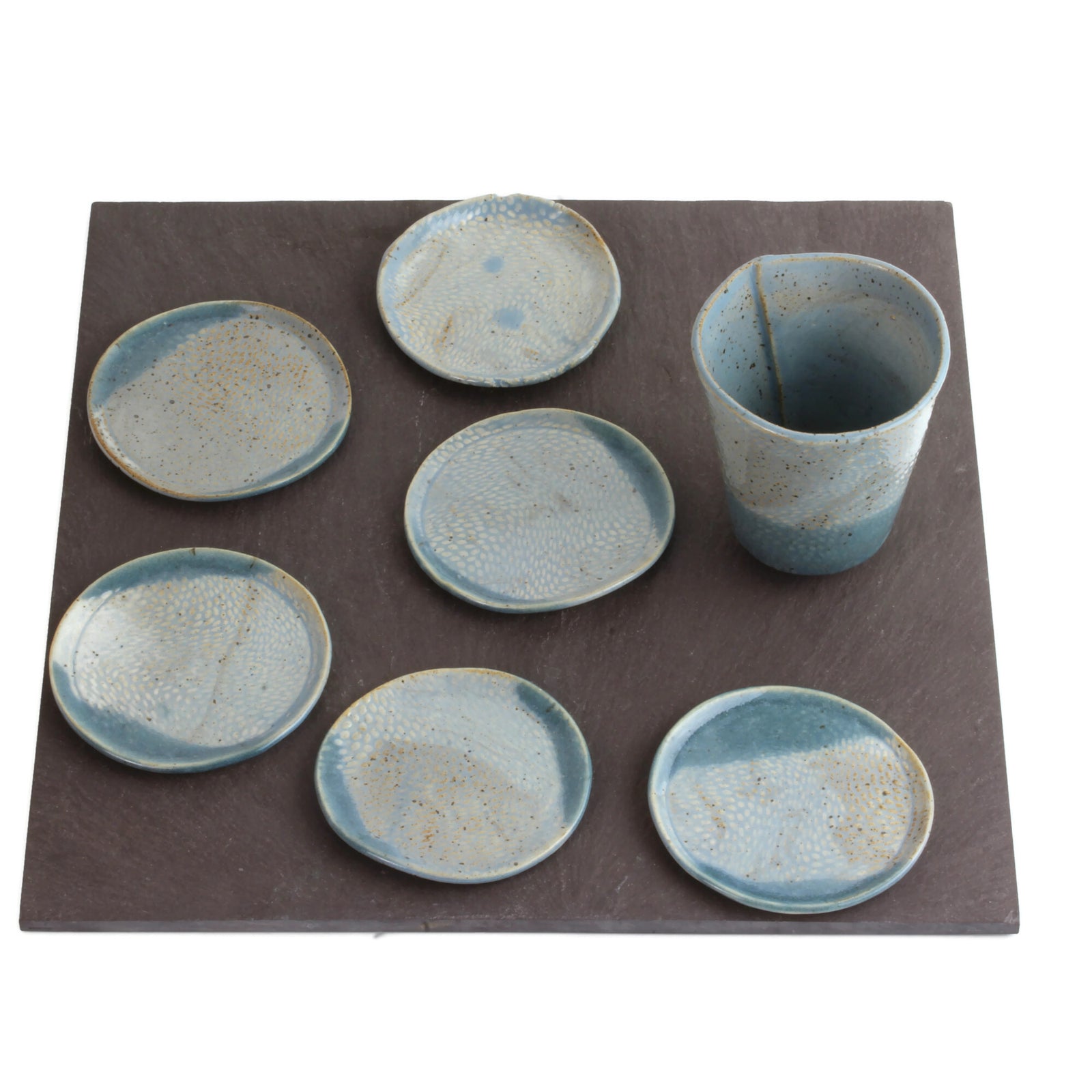 Seder Plate and Cup Set, Ceramic Dishes on Sqaure Slate, One of a Kind