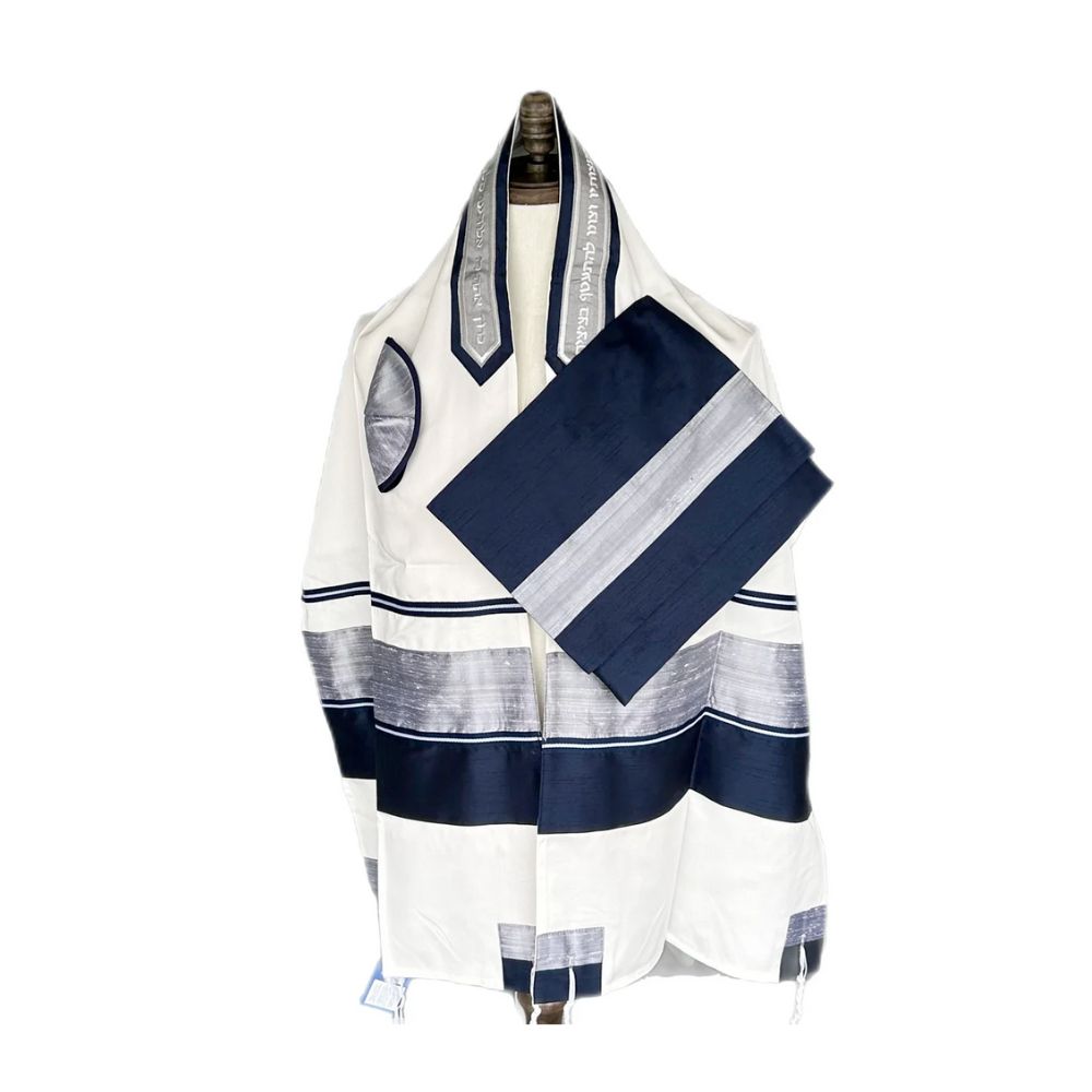 Tallit Set, Wide Bands of Silver and Navy Raw Silk with Navy Ribbon