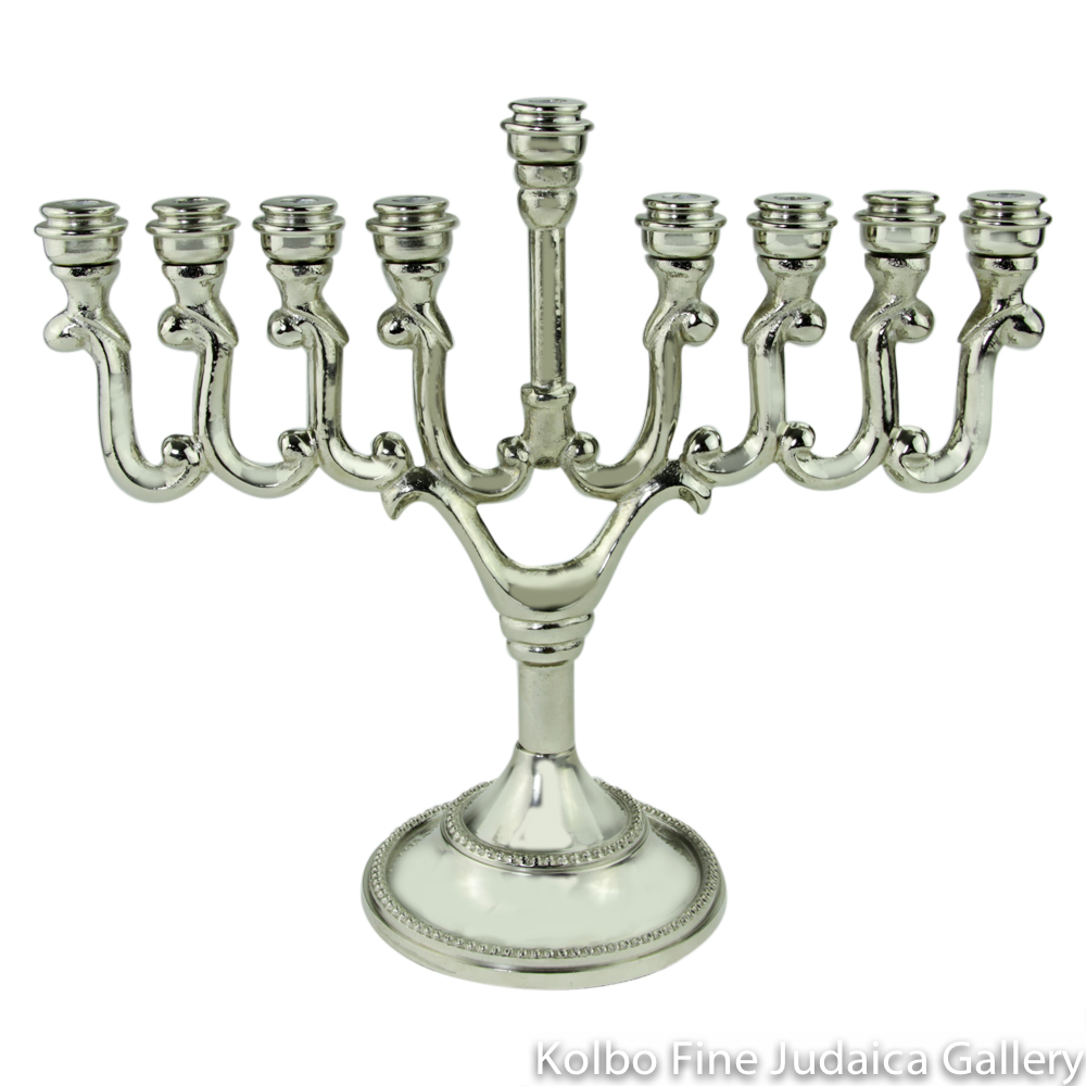 Menorah, Classic Design with Round Base, Nickel Plate over Aluminum