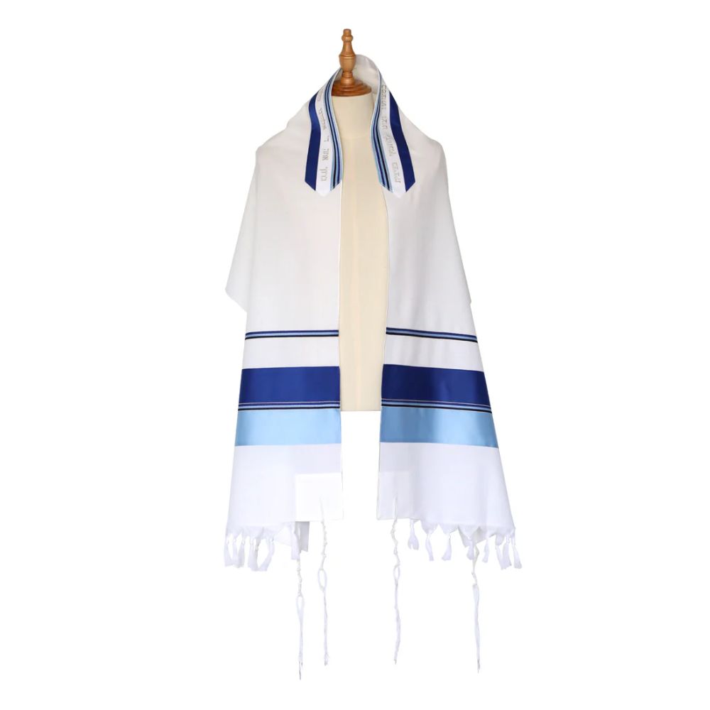 Tallit Set, Multi Blue Striping, Light Wool, Three Piece Set