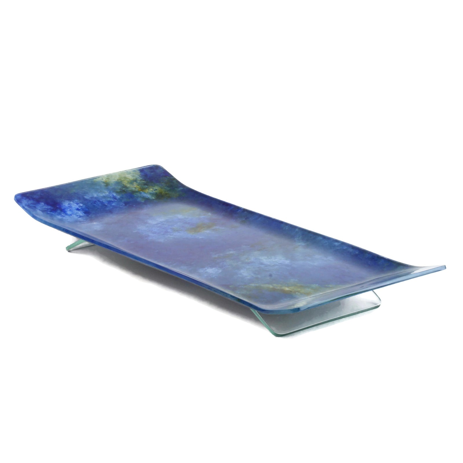 Candlestick Tray, Hand Painted Blue and Green Tones, Glass