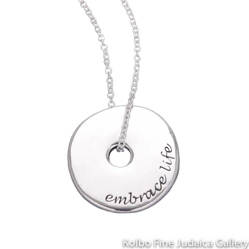 Necklace, Embrace Life, circular design, sterling silver