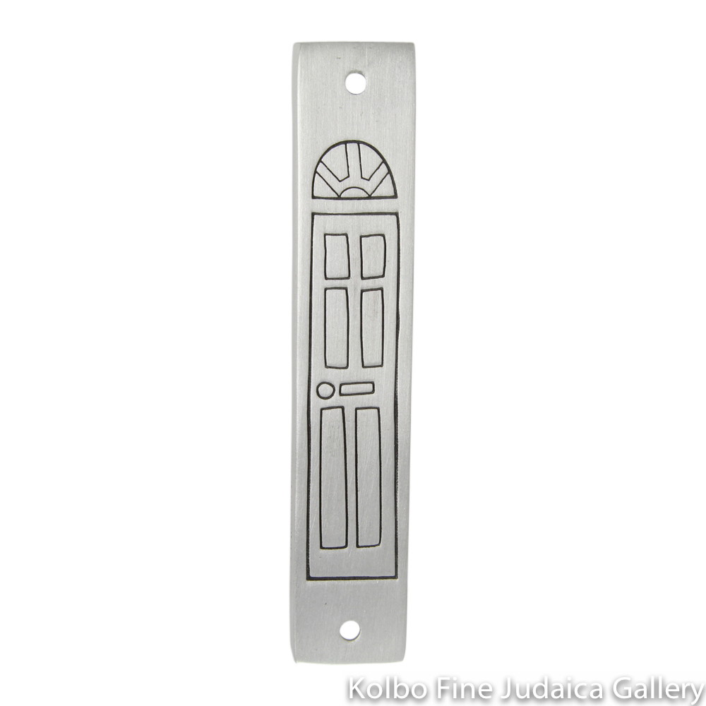 Mezuzah, Welcoming Door, Line Drawing on Pewter