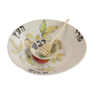 Honey and Apple Set, White with Apples and Yellow Leaves, Hebrew, One of a Kind, High Fire Ceramic