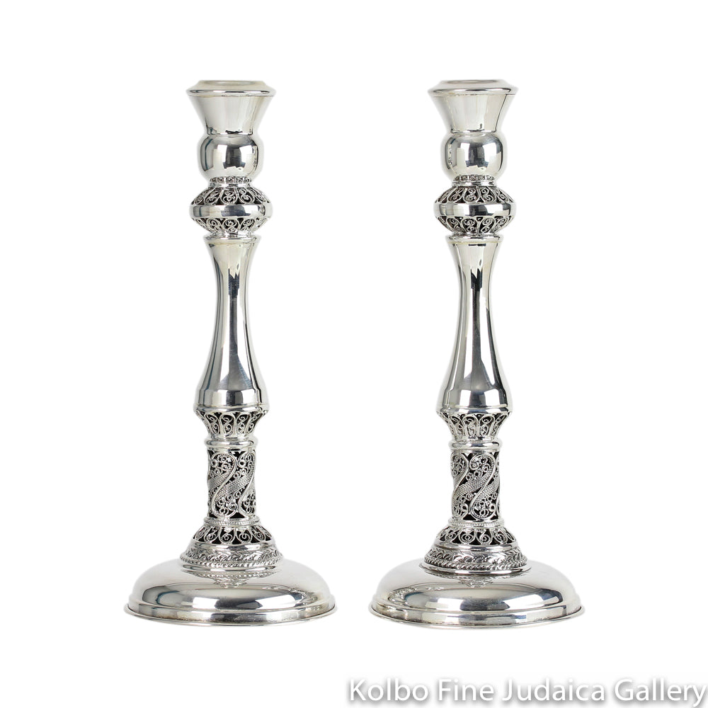 Candlesticks, Detailed Yemenite Filigree, Sterling Silver, Large Size