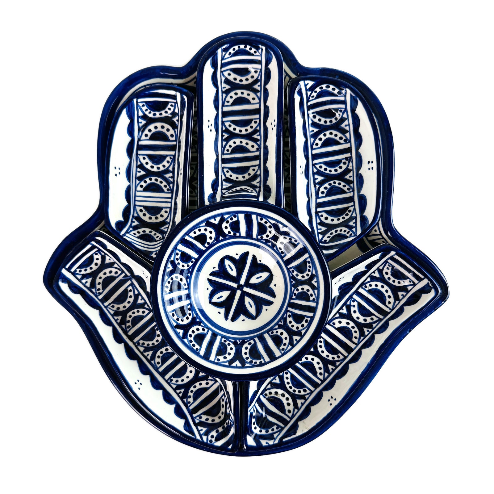 Hamsa with Six Serving Dishes, Hand-Painted in Morocco, Cobalt Ceramic, Large