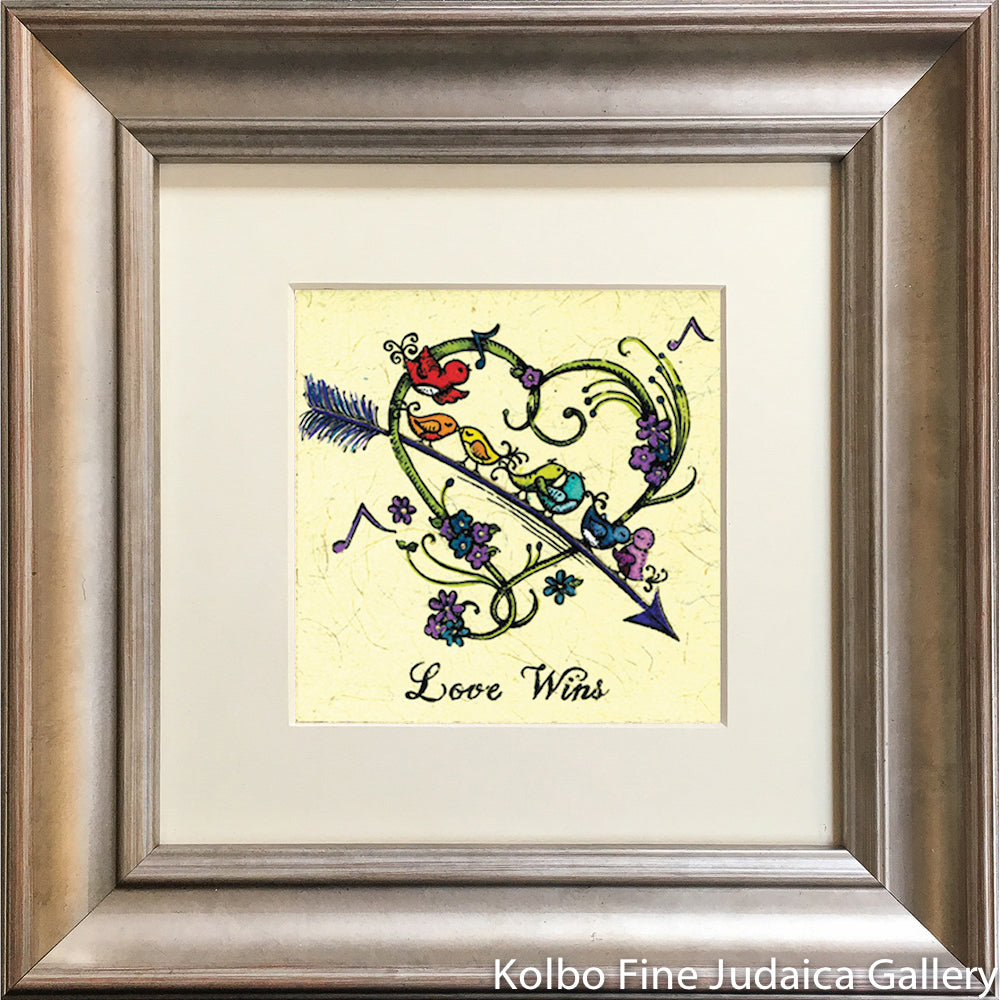 Love Wins, Rainbow Bird Heart, Mini, Hand-Painted, Framed